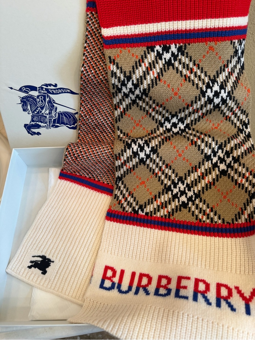 NWT Burberry Multicolor Beige Argyle Knit Scarf with Red & Blue Trim